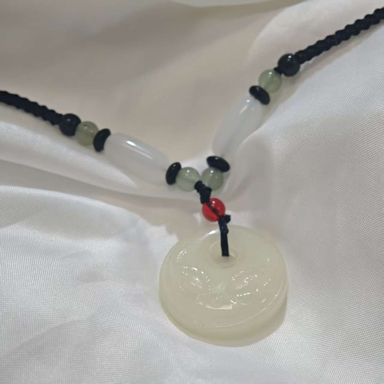 Elegant pendant, retro universal necklace white jade, strap, protective amulet, buckle, accessory, high-end, light luxury style