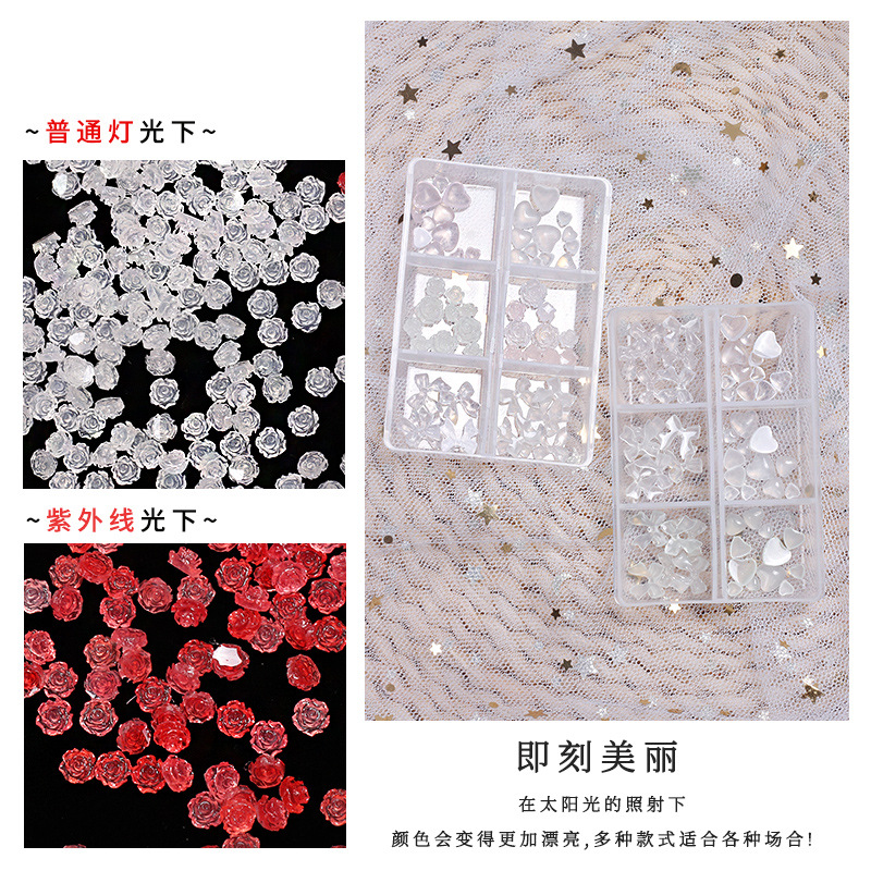 Joyas de manicura de resina híbrida japonesa 3D estereoscópica de cinco pétalos Aurora Xiangshan Camellia caja de 6 cuadros