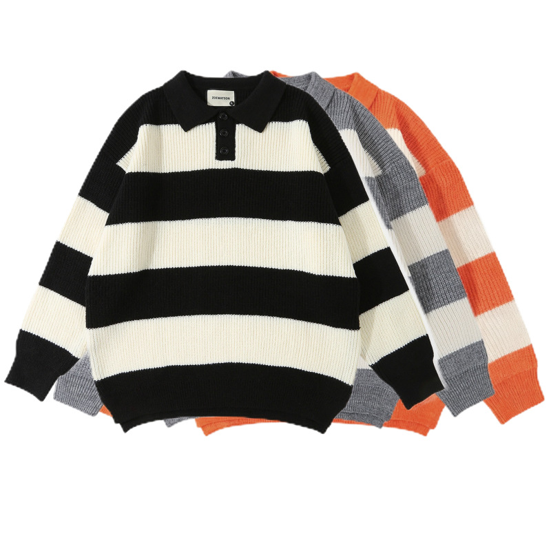 Cross-Border Popular European Size Large Size Polo Shirt Lapel Striped Sweater Sweater Men's Lazy Trendy Outerwear Factory Wholesale