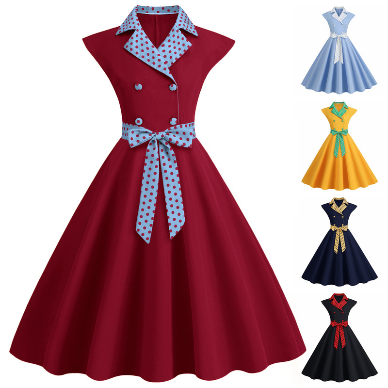 H Cross-Border Export Women's European Style Professional Retro Stand-Up Collar Polka Dot Splicing Double-Breasted Large Hem Dress H Cross-Border Export Women's European Style Professional Retro Stand-Up Collar Polka Dot Splicing Double-Breasted Large Hem Dress