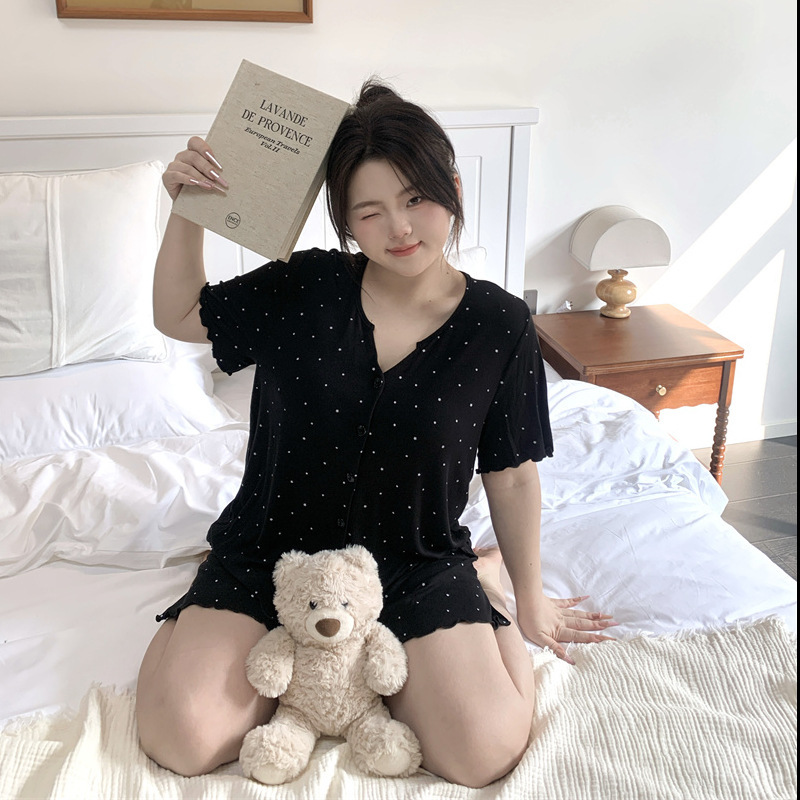 Wholesale Foreign Trade Plus-Size Modal Pajama Set for Women, Black Polka Dot, Sweet and Stylish, with Chest Pads, Can Be Worn Outside