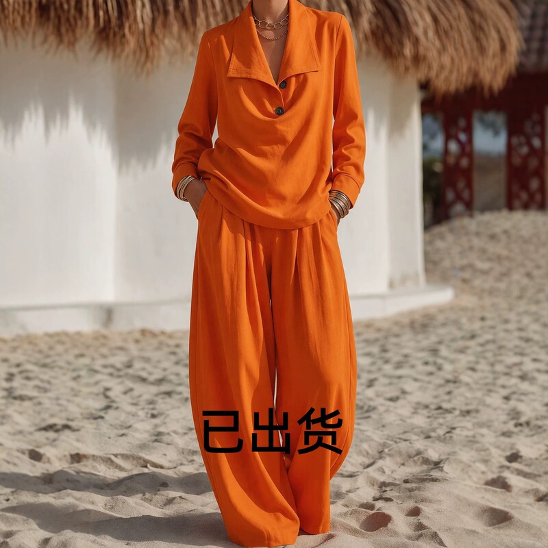 2026 European and American Cross-Border Amazon Women's Two-Piece Set with Long-Sleeved Elegant Lapel Top and Loose Trousers Set for Women 2026 European and American Cross-Border Amazon Women's Two-Piece Set with Long-Sleeved Elegant Lapel Top and Loose Trousers Set for Women