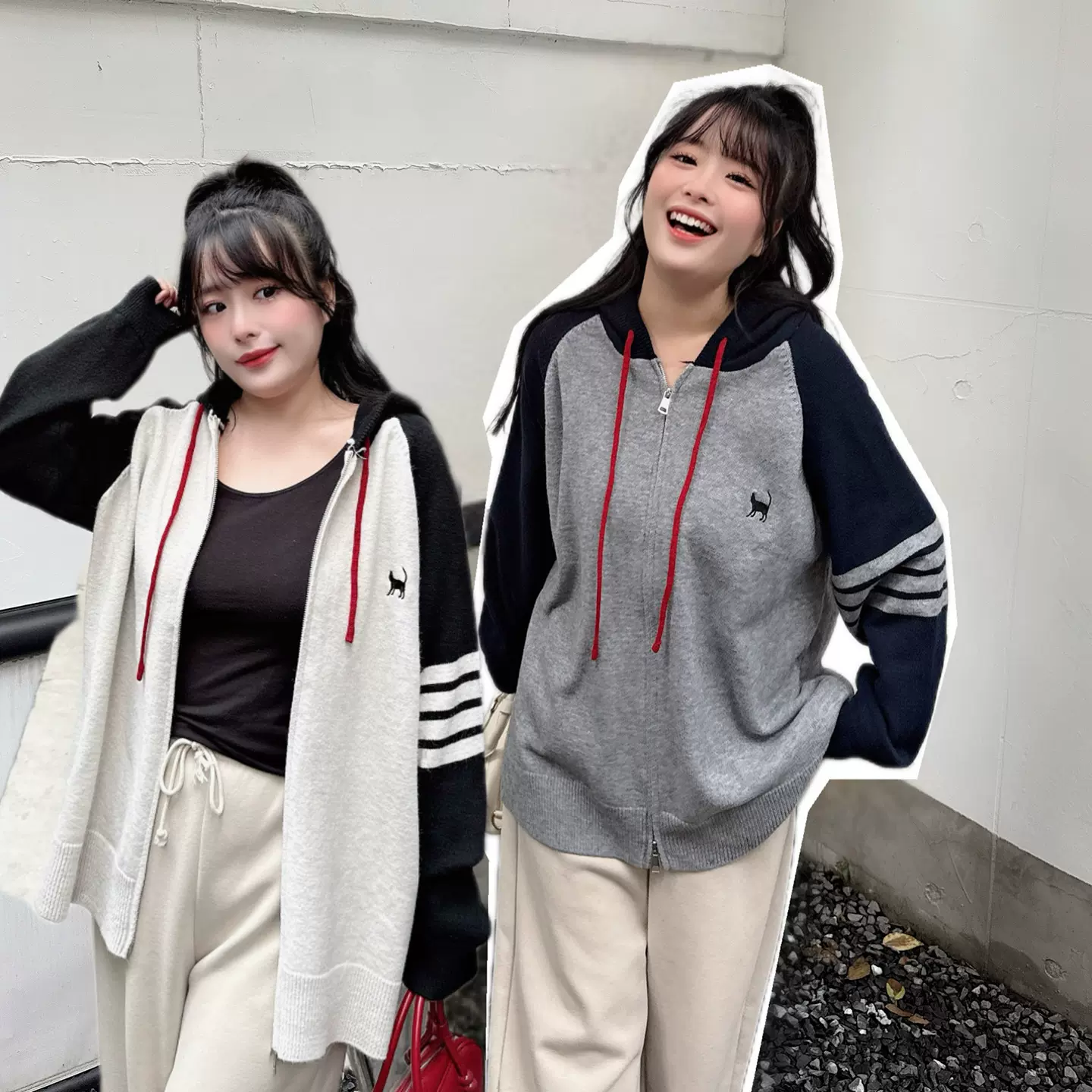 55033韩系刺绣拉链连帽衣2025秋冬新款简约时尚洋气大码针织开衫