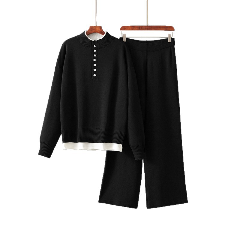 Lässiges zweiteiliges Strickset für Damen im europäischen/amerikanischen Stil: Lockerer Pullover und weite Hose – Herbst-Winter-Mode_voghion.com