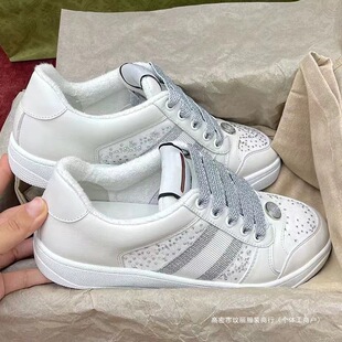 2025 New Style Starry Sky Rhinestone Dirty Shoes Versatile Old Floral Green Trendy Versatile Sneakers Genuine Leather White Shoes