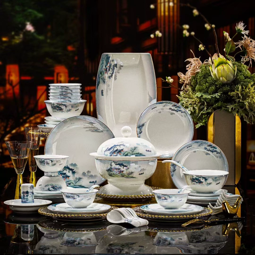 Белая высокая порцелана здоровый набор посуды Jingdezhen краска-рисунок инь-ландшафт Jiangnan водный город миска набор блюд чайник подарок на новоселье