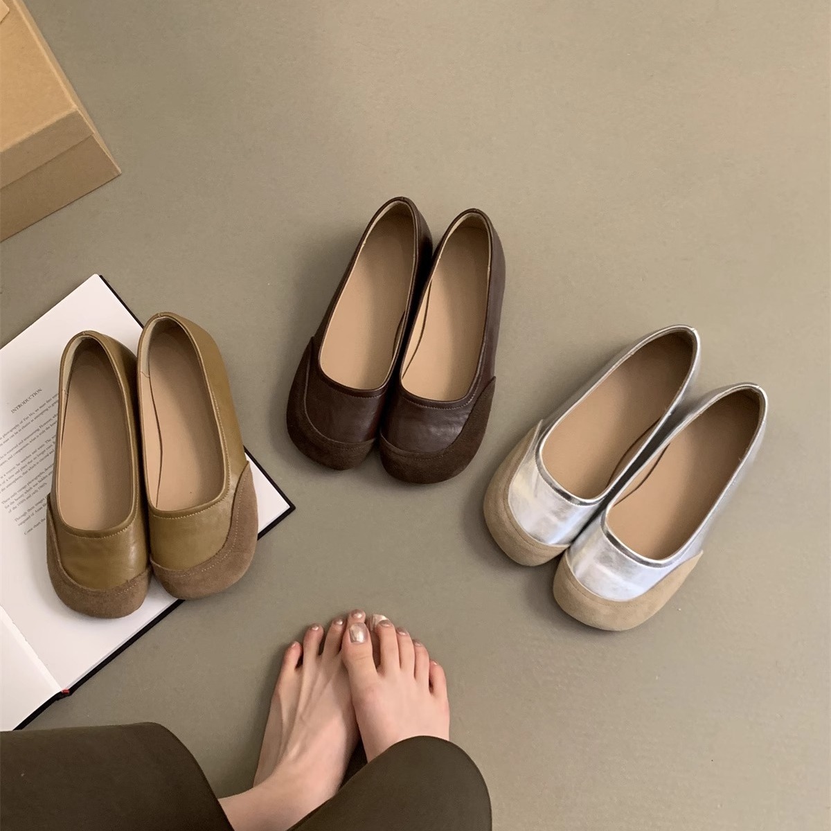 Retro cabeza redonda superficial zapatos de una sola mujer primavera y otoño nuevo estilo coreano de estilo francés de noche un pedazo de zapatos casuales Bean