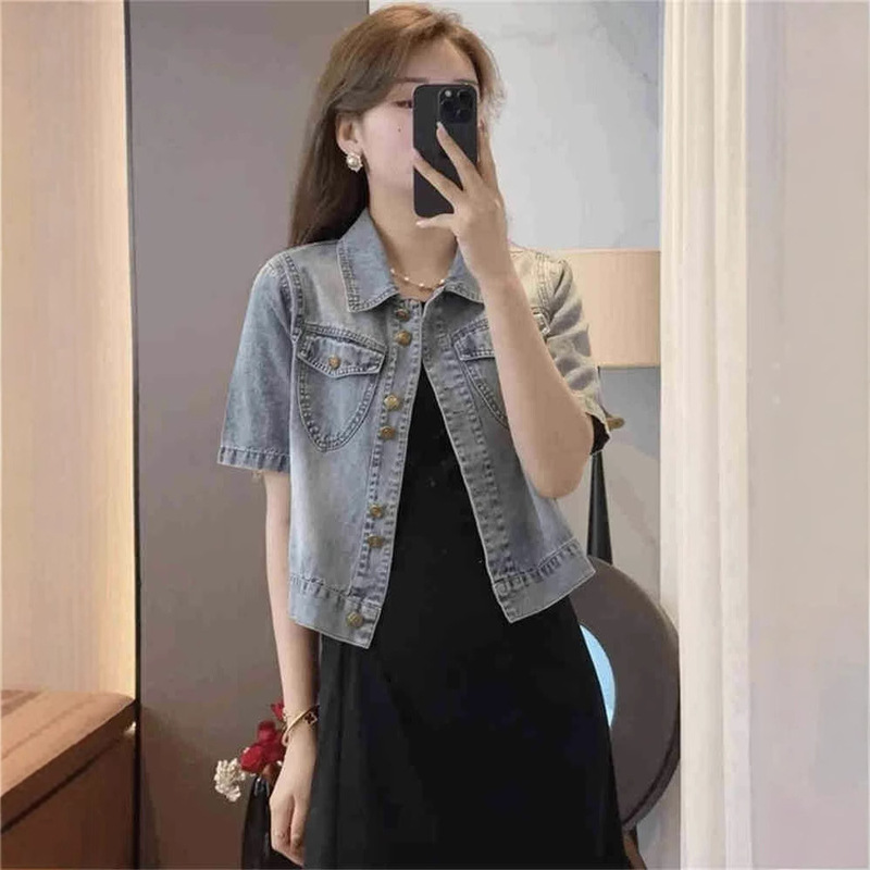 Summer Thin Denim Short-sleeved Shirt Women's 2025 New Casual All-match Slim Look Small Coat Shawl Top