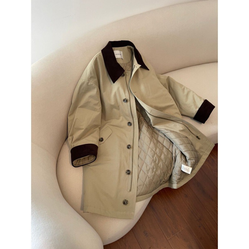 Corduroy Lapel Cotton Jacket Autumn and Winter Loose Version Contrasting Velvet Collar Flap Pocket Pants Mid-Length Khaki Windbreaker Jacket for Women