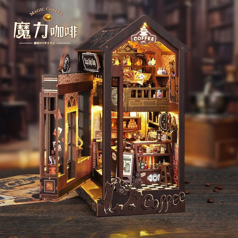 Jiate diy キャビンマジックコーヒー 3d 立体組み立てブックスタンドハウスミニチュアモデル建設おもちゃ誕生日ギフト|undefined