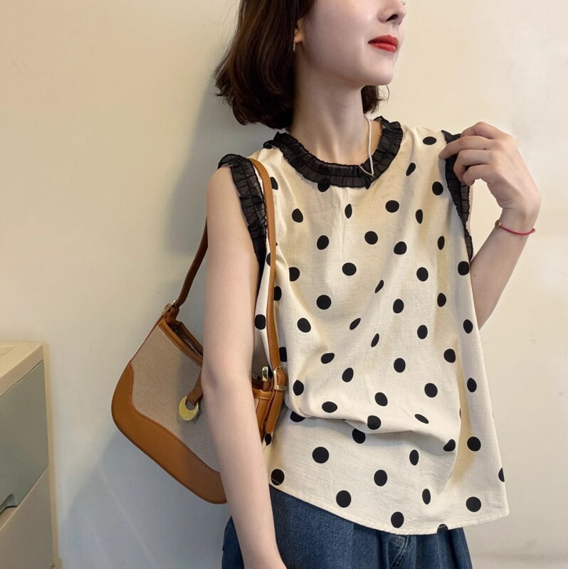 Polka Dot Lace Sleeveless Round Neck Vest for Women Summer 2025 New Fashion Cotton and Linen Age-Reducing Versatile Shirt Trend