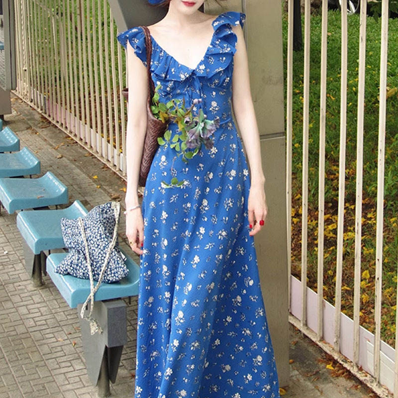 2025 New Style [Klein Summer] Everyday Klein Blue White Romantic Floral Lace Dress