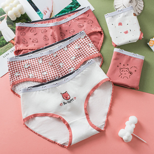  New Bear Printed Women's Underwear Pure Cotton Korean Printed Underwear Women's Mid-Waist Student Cute Girl Three