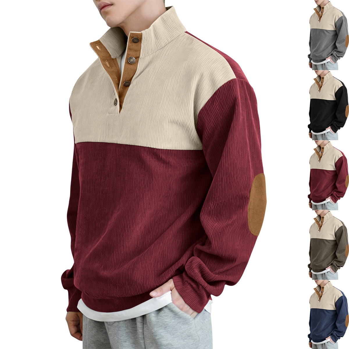 2025 아마존 크로스보더 봄/가을 유럽 사이즈 남성 캐주얼 배색 스탠드 칼라 루즈핏 코듀로이 스포츠 스웨트셔츠 풀오버
