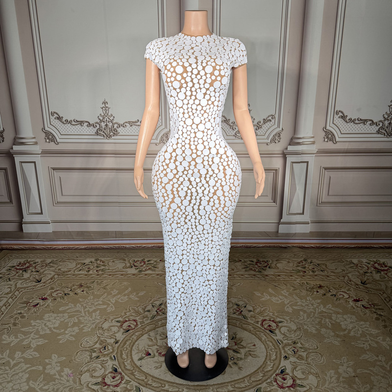Elegant white short-sleeved dress with a tailored waist for birthday parties, banquets, hostess evening gowns, and singer performance outfits