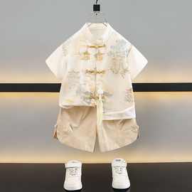 汉服男童新中式套装夏季国风儿童短袖唐装宝宝薄款古风衬衫演出服