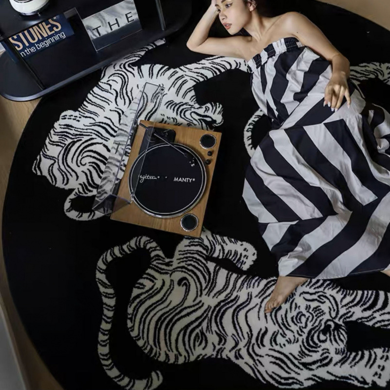 라운드 카펫 프랑스 라이트 럭셔리 블랙 앤 화이트 패셔너블 싱글 의자 옷장 침대 옆 담요 침실 어린이 휴식 공간 먼지 방지 매트