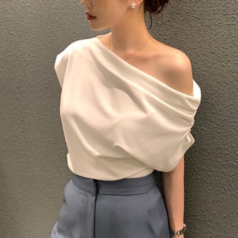 Korean Chic2025 Summer French Asymmetrical Sloping Shoulder Design Loose Pure Color Pullover Short-Sleeved T-Shirt for Women Trendy