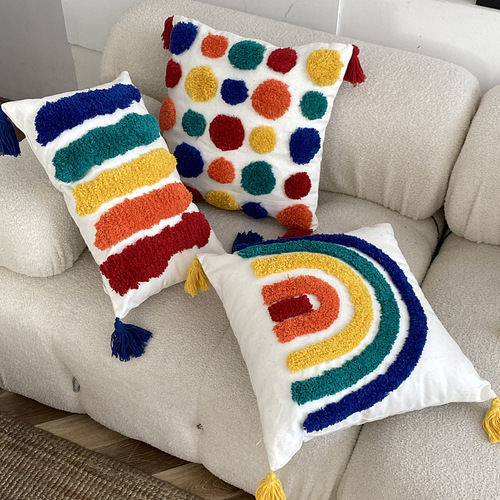 Nordic ins rainbow tufted pillow case Moroccan style living room bedroom bedside cushion car office waist pillow