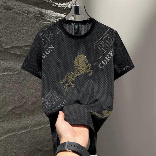 Men's Ice Silk Short Sleeve T-Shirt 2025 Summer Trendy Casual Round Neck Half Sleeve T-Shirt
