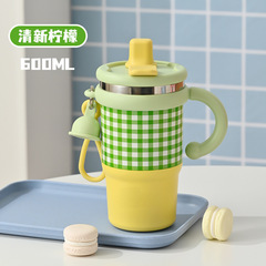 新しい大容量ダブルドリンクカップ、小さなアイスカップ、ファッショナブルなチェック柄のステンレス製魔法瓶カップ、女の子向けの見栄えの良いストローカップ