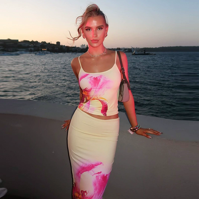 Женская одежда в европейском и американском стиле 2025 весна и лето новый цветочный принт без рукавов камзол маленький жилет с высокой талией юбка из двух частей