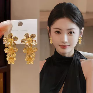 s925银针金色花朵流苏耳钉欧美复古金属大气耳饰高级感轻奢耳环女