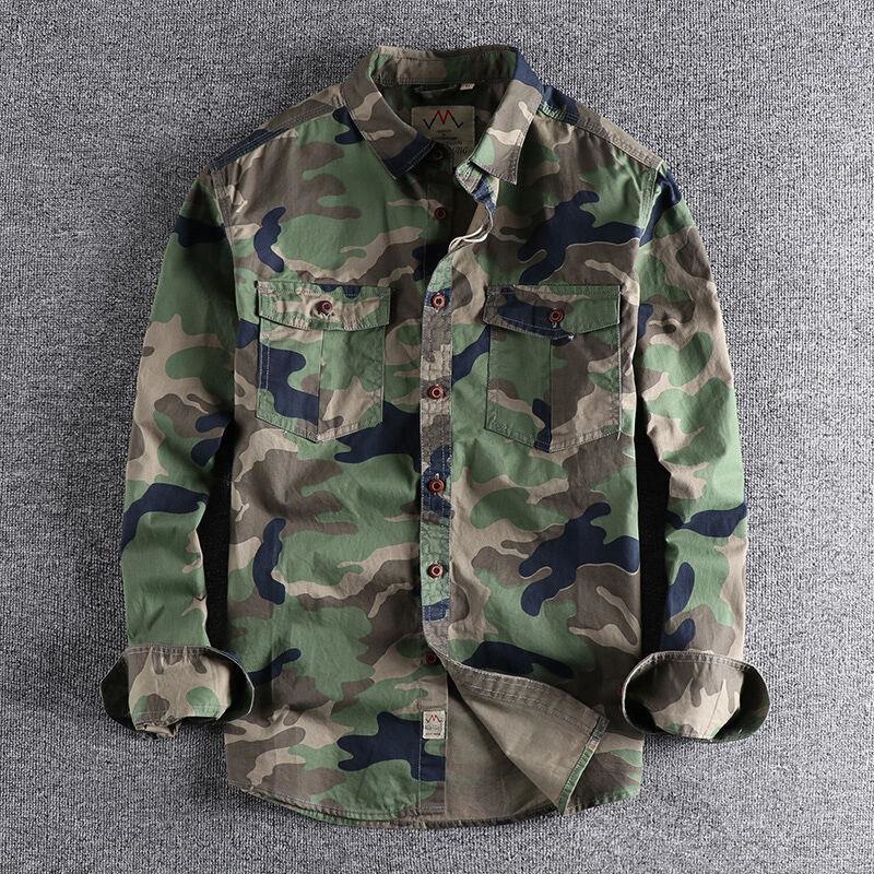 Camouflage clothing men's washed American foreign trade tooling long-sleeved shirt men's double pocket versatile casual military youth shirt