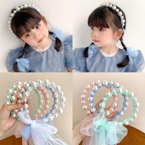 Korean style pearl headband, children's hairband, cute and elegant little fairy headdress, mesh streamer, solid color princess hair accessory