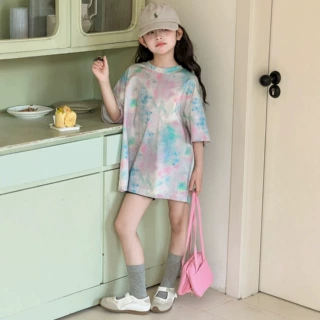 小红鱼女童扎染风短袖T恤夏装2026新款亲子夏季上衣洋气韩国童装