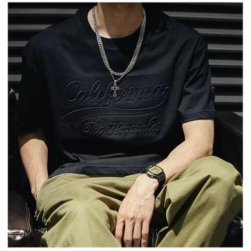 Summer Loose Letter Embossed Steel Print Crew Neck Short Sleeve Hong Kong Style Versatile American Trend Brand T-Shirt for Men in Black
