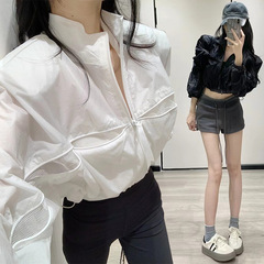 欧货辣妹炸街立领轻薄透气网眼拼接防晒衣短外套女宽松小个子夹克