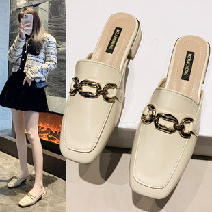 Baotou Half Slippers Women's Outer Wear 2025 New Spring Half Shoes Chanel Style Mid-heel Mueller Single Shoes