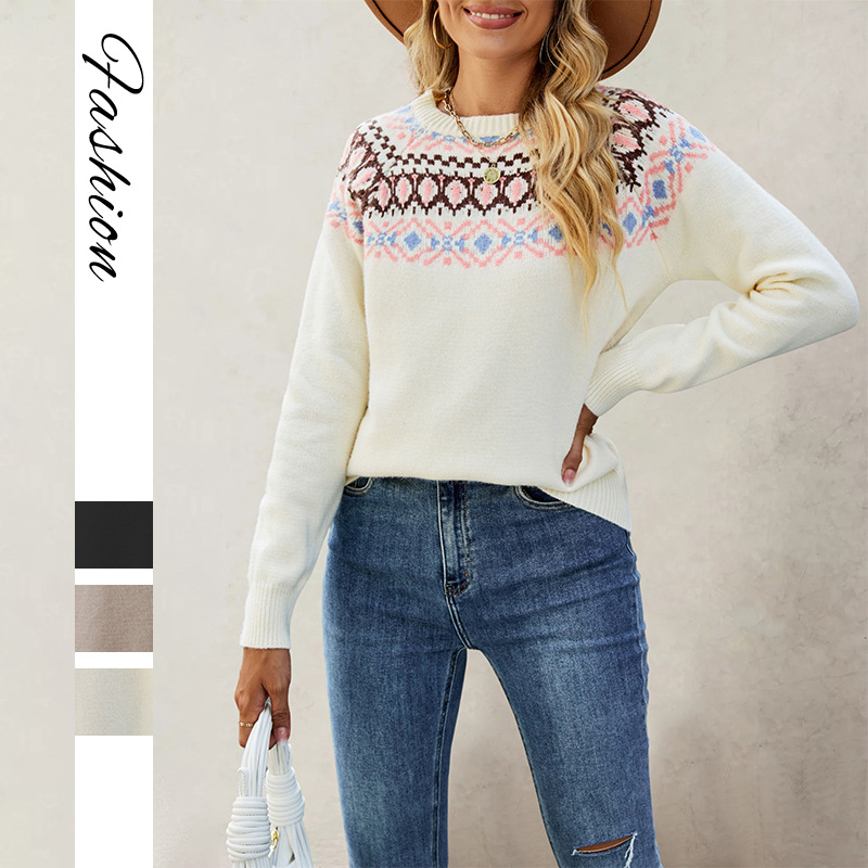 Suéter Jacquard Retro de Gran Tamaño con Cuello Redondo, Tejido de Punto, Estilo Europeo y Americano, Novedad Otoño-Invierno 2026, Éxito de Ventas en Amazon