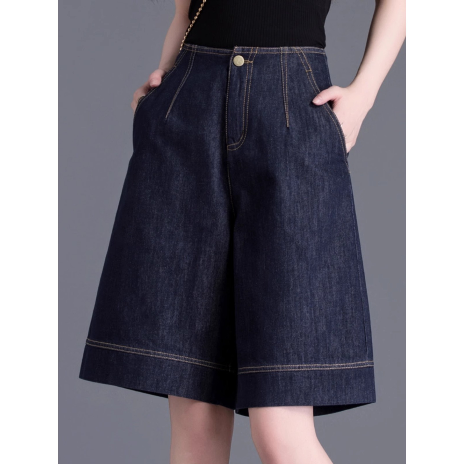 Quần short denim nữ dáng rộng ống suông mùa hè — Xanh denim