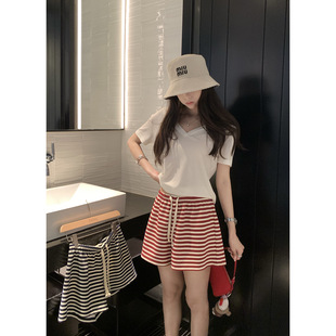 Baisiwang High-Waisted Waffle Striped Shorts for Women, Summer Loose Fit Versatile Slimming Wide-Leg Casual Pants