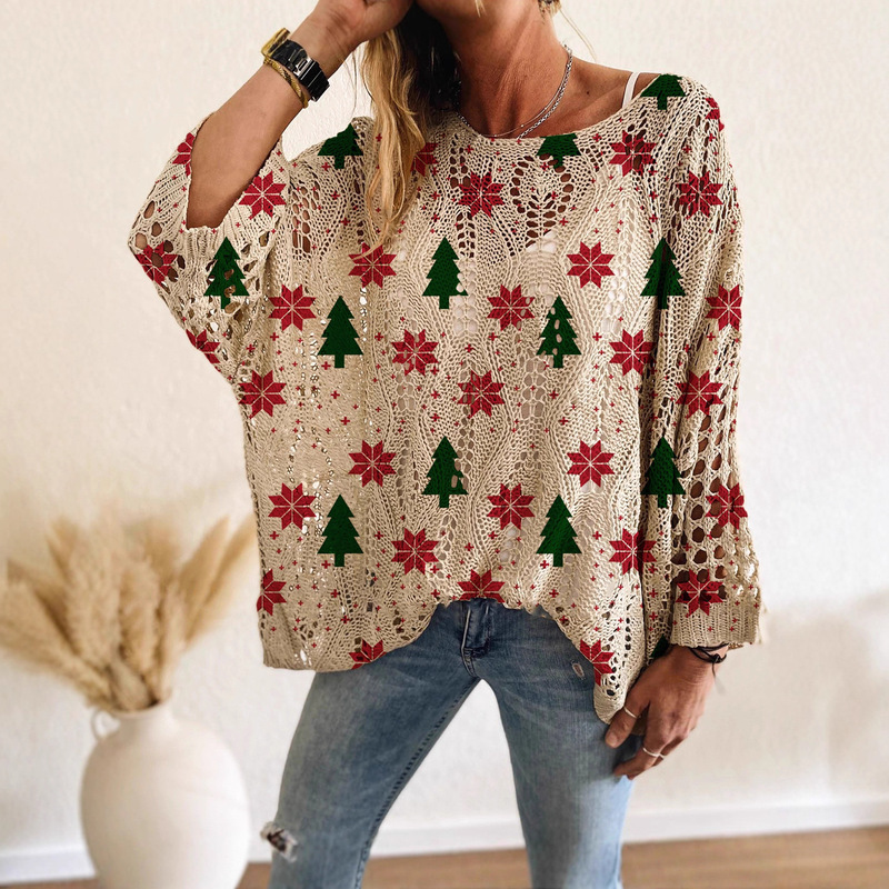 Autumn and Winter All Year Round One-Line Collar Diamond Cut Out Bat Loose Shoulder Contrast Color Snowman Christmas Printed Knitted Sweater
