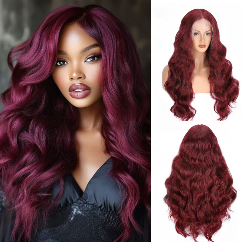 Cross-border new wig European and American ladies 13*4 lace headgear wine red big wave long curly hair lace wig