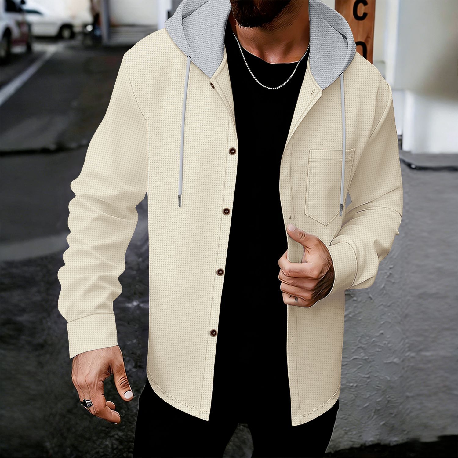 Heren wafelgebreide hoodie met zakken en knopen voor casual look_voghion.com
