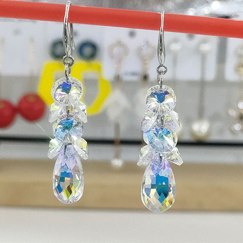 新款925銀耳鈎新娘水晶耳環氣質耳墜長款日韓版簡約時尚耳夾同款