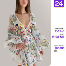 2026夏新款跨境女装网纱刺绣设计感灯笼袖仙女连衣裙生日派对礼服