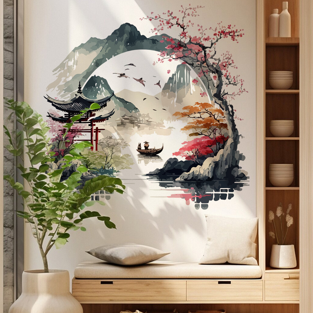 Lightweight Version Dd3914 Chinese Style Ink Painting Garden Sticker Wallpaper for Restaurant and Living Room Wall Decoration Self-Adhesive Paper