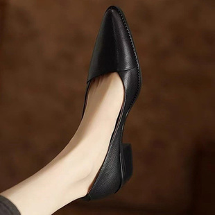 Elegant Versatile Retro Chunky Heel Women's Shoes 2025 Spring New French Pointed Fashion Shallow Leather Shoes