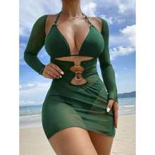 跨境性感网纱泳衣女三件套挂脖比基尼镂空罩衫裙度假沙滩欧美泳装