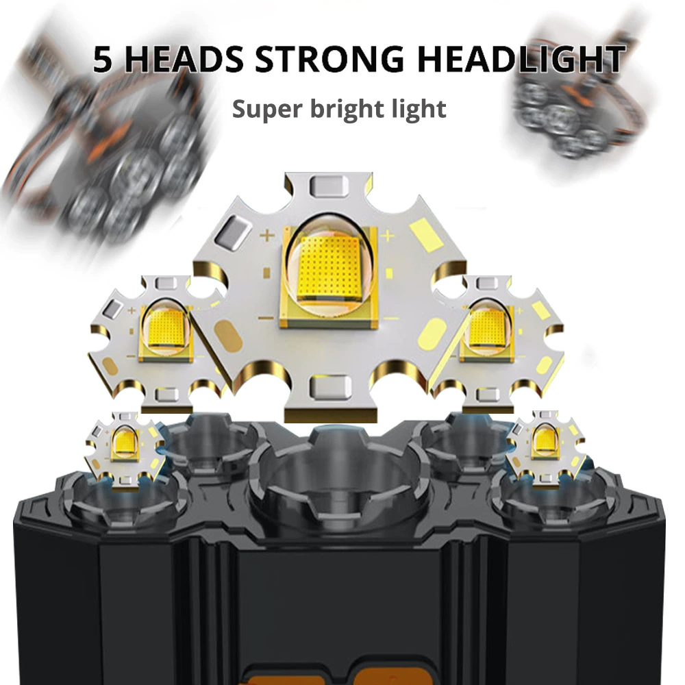 LED-фонарик налобный, водостойкая походная рыбалочная лампа, многоLED, регулируемая лента головы, 0.2 кг