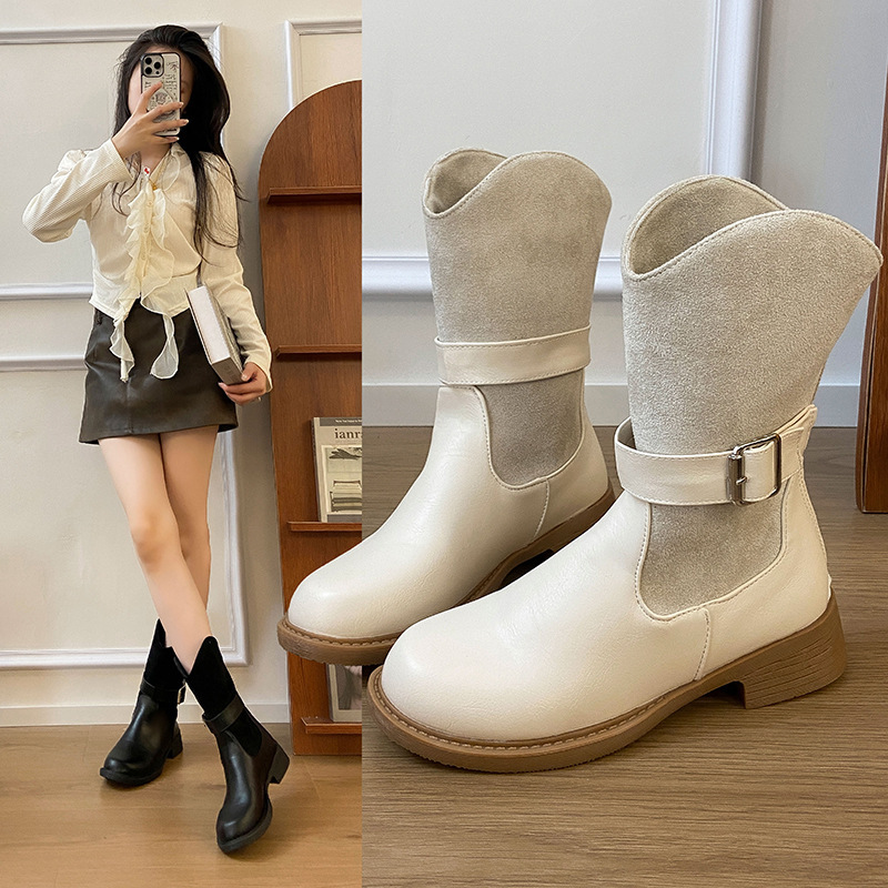 棕色美拉德靴子马丁靴女2025新款秋夏季厚底西部牛仔中筒靴马丁靴|undefined