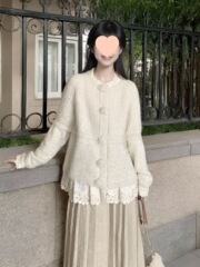 甜美温柔风套装立体花朵别致针织毛衣开衫蕾丝恤半身裙开春女装