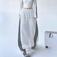 白色街头运动休闲裤女2025秋季新款侧条纹宽松阔腿裤慵懒运动裤子