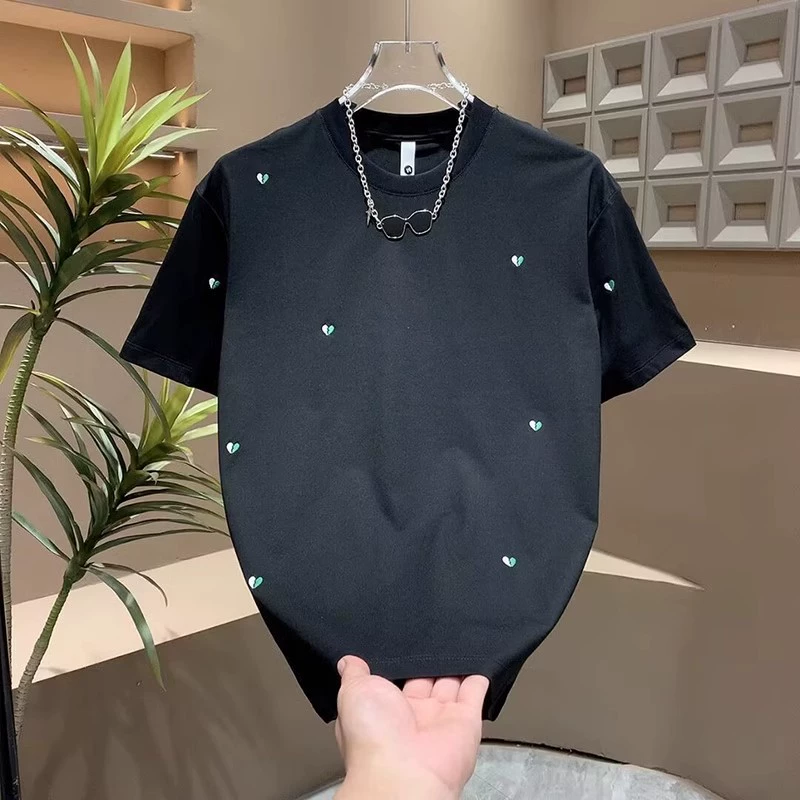 Летняя новая мужская минималистская маленькая любящая вышивка с короткими рукавами футболка с приливом дизайн универсальный повседневный круглый воротник с полукругом