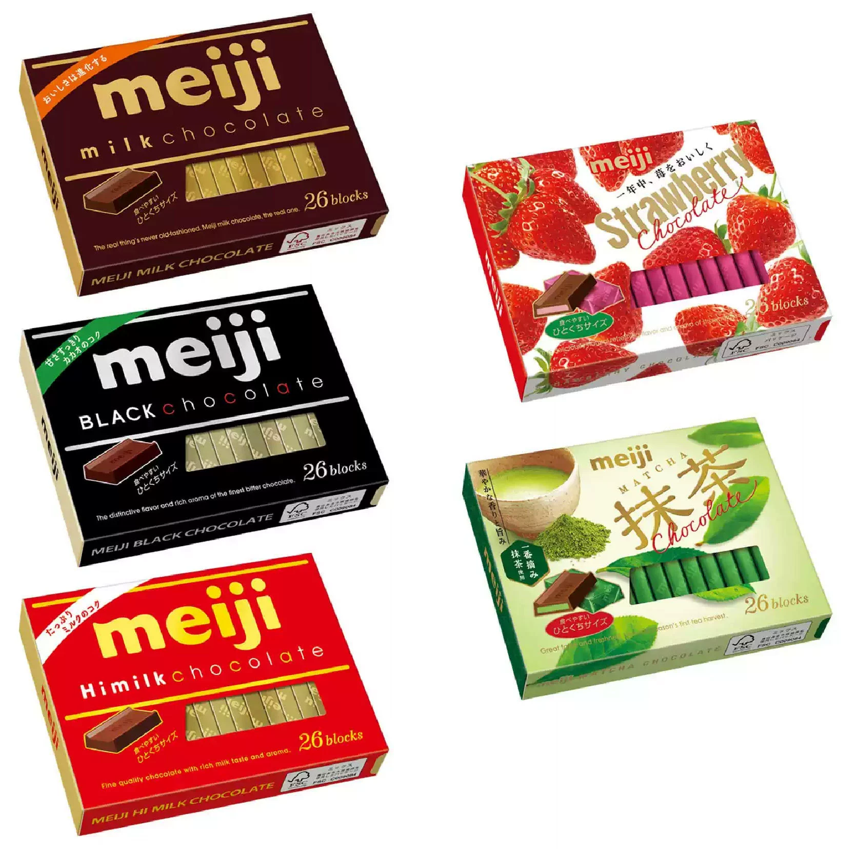 Шоколадные конфеты (Meiji) 120 г — матча, клубника, молоко, тёмный шоколад